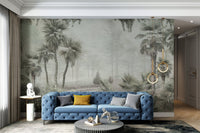 Muted green forest wall mural for modern living room interiors.