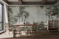 Sage green tropical mural for contemporary dining area walls.