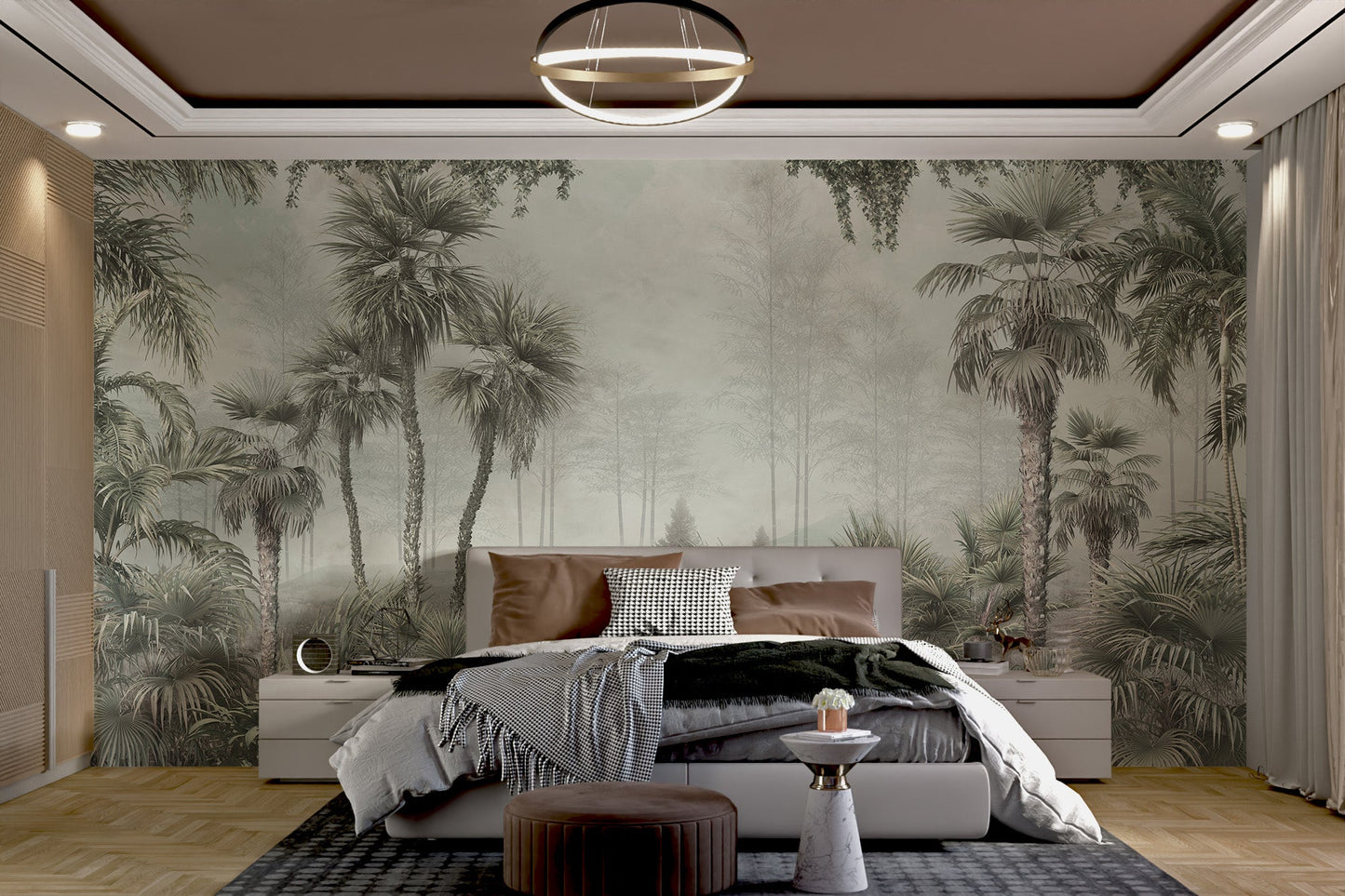 Green palm trees wall mural for a serene bedroom setting.