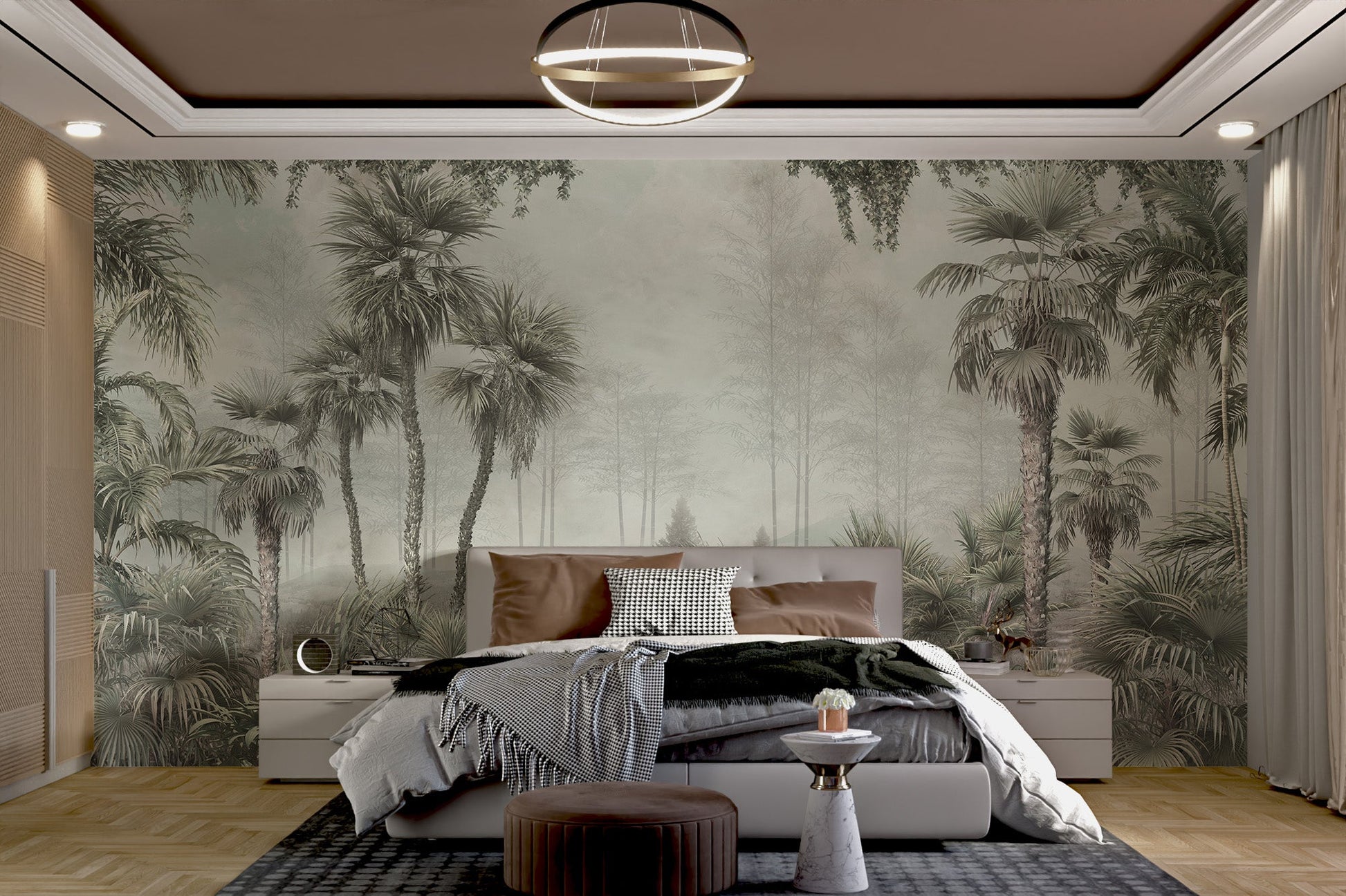 Green palm trees wall mural for a serene bedroom setting.