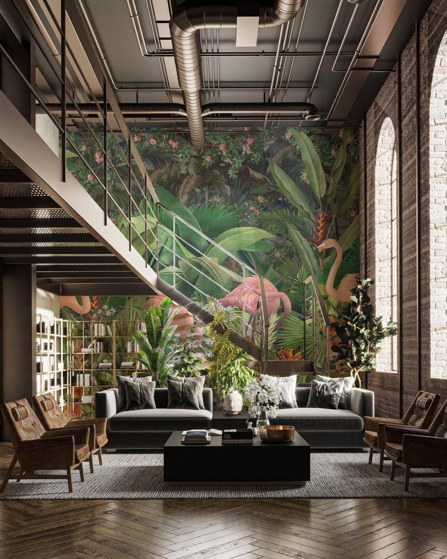Lush tropical foliage with orchids wall mural for walls