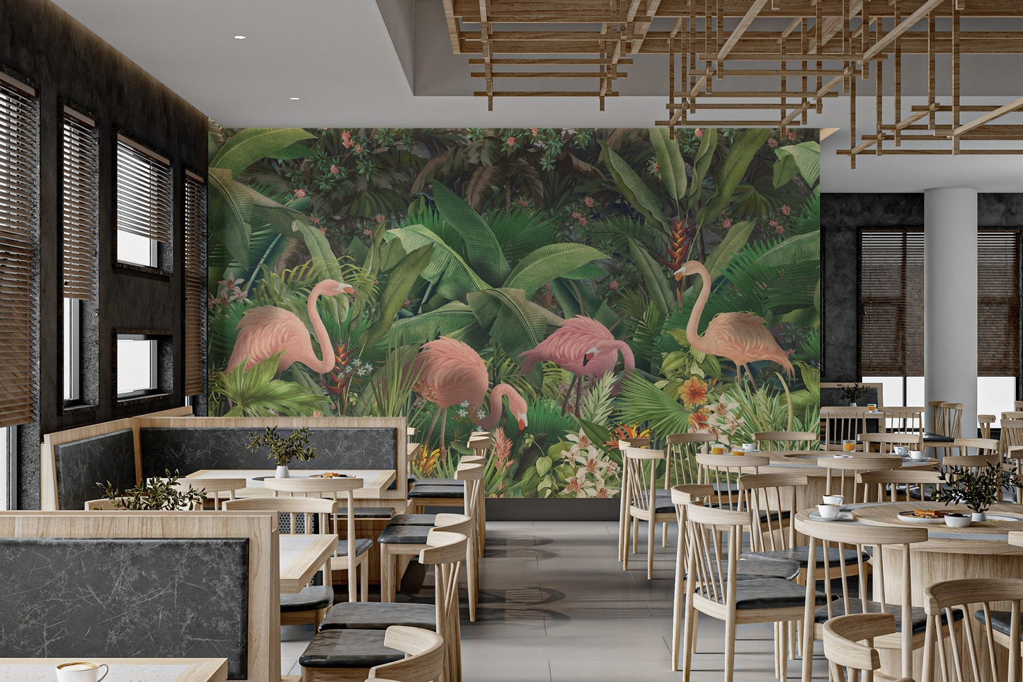 Pink flamingo standing in dense green jungle wall mural for dining area.