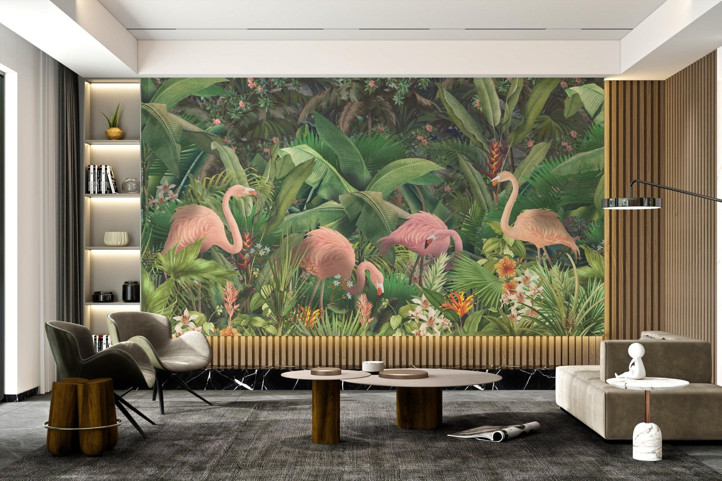 Tropical nature scene with flamingos and palms wall mural.