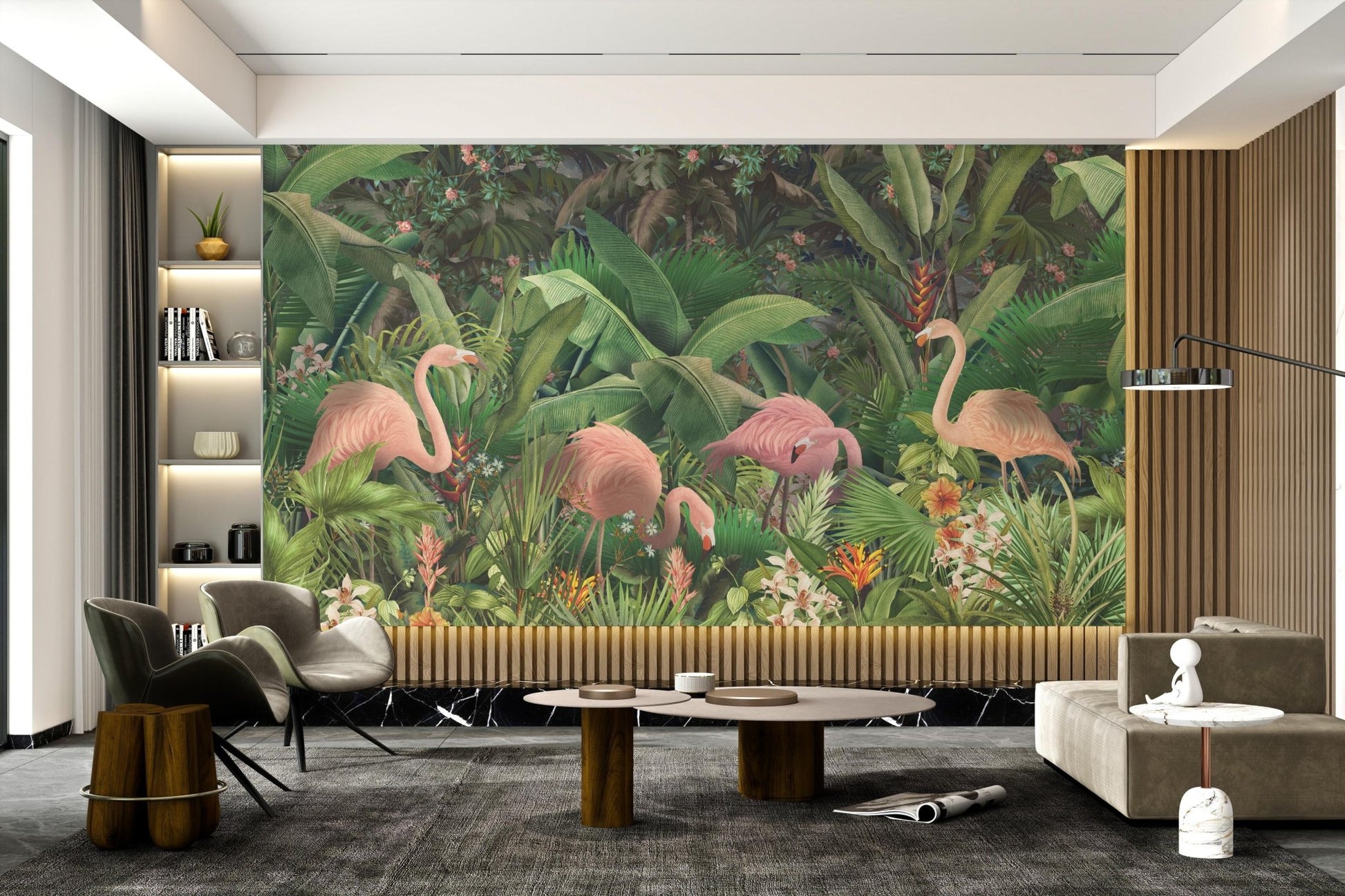 Tropical nature scene with flamingos and palms wall mural.