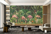 Tropical nature scene with flamingos and palms wall mural.