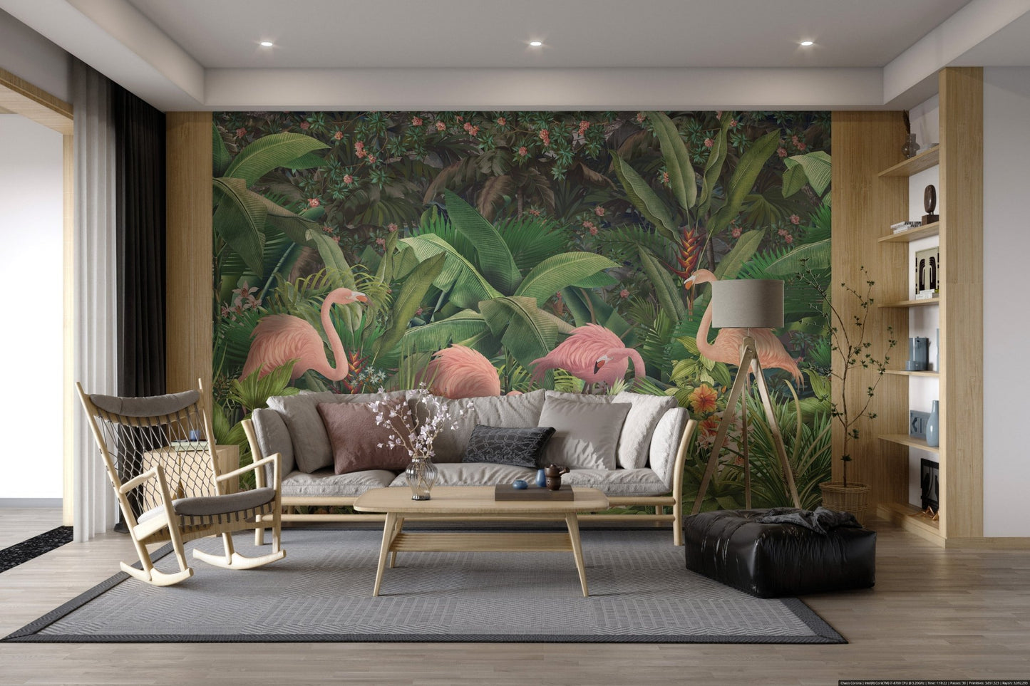 Hand-painted style jungle leaves and flamingo mural for bright living room.