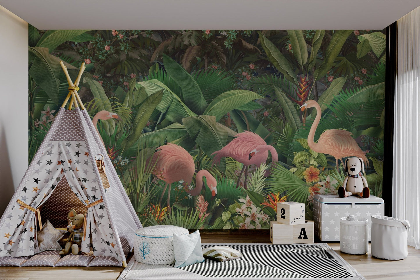 Dark green jungle background with pink flamingos wall mural.