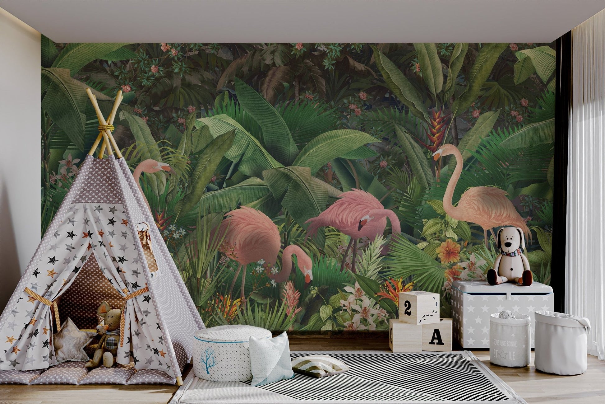 Dark green jungle background with pink flamingos wall mural.