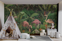 Dark green jungle background with pink flamingos wall mural.