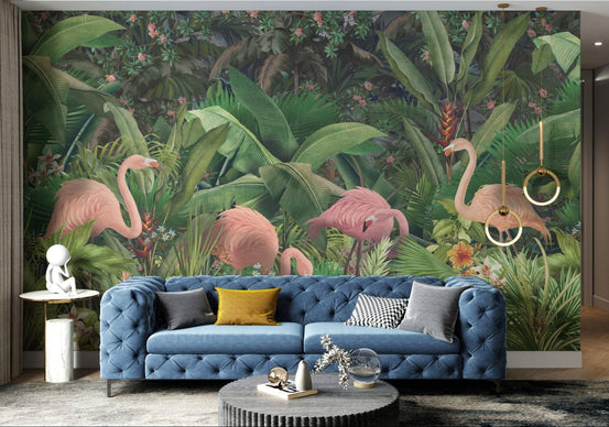 Green Tropical Jungle Leaves Wall mural with floral accents