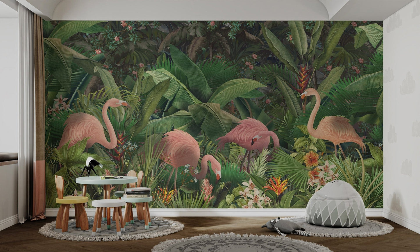 Detailed botanical illustration of banana leaves wall mural in kids study space.