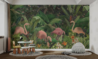 Detailed botanical illustration of banana leaves wall mural in kids study space.