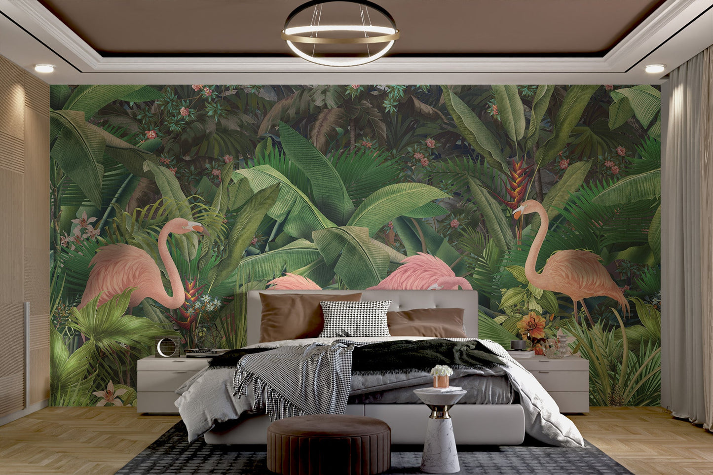 Exotic wildlife and botanical print wall mural for master bedroom.
