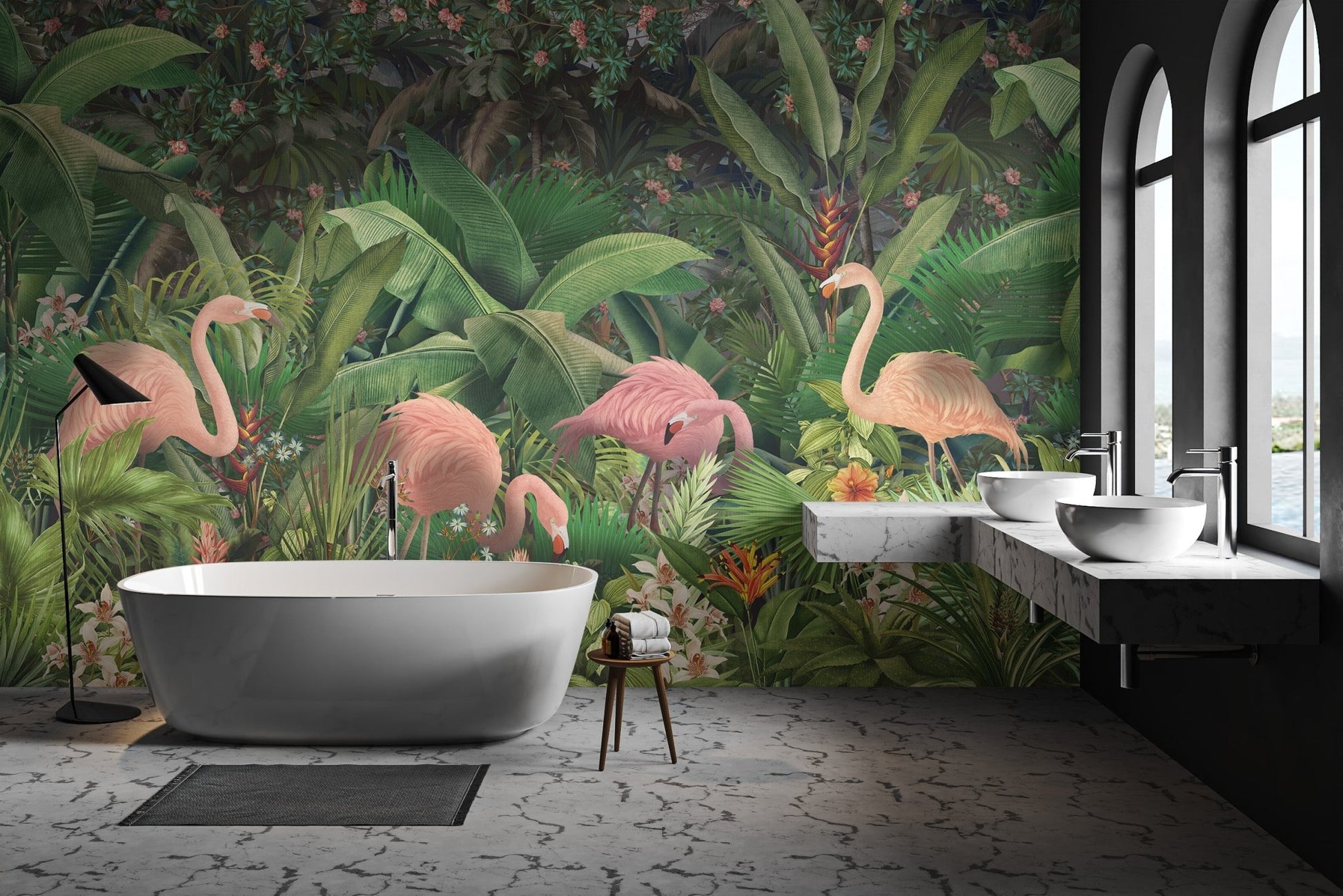 Pink flamingos among green tropical leaves wall mural for bathroom.