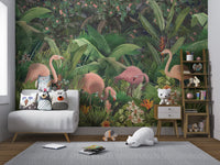 Hibiscus and bird of paradise flowers on jungle wall mural for nursery.