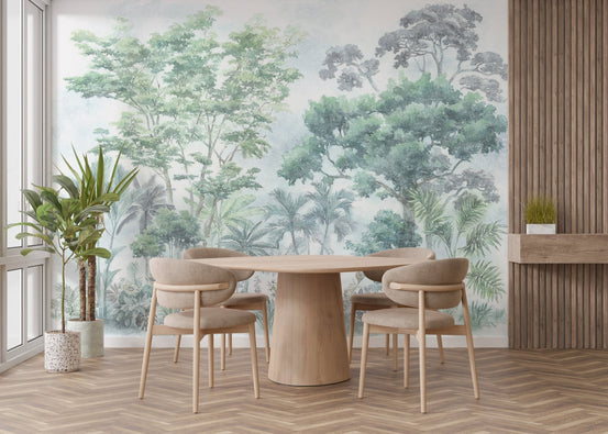 Green tropical jungle wallpaper featuring watercolor palm trees in soft mint tones.