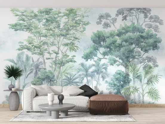 Detailed jungle wallpaper with various species of tropical trees and soft textures.