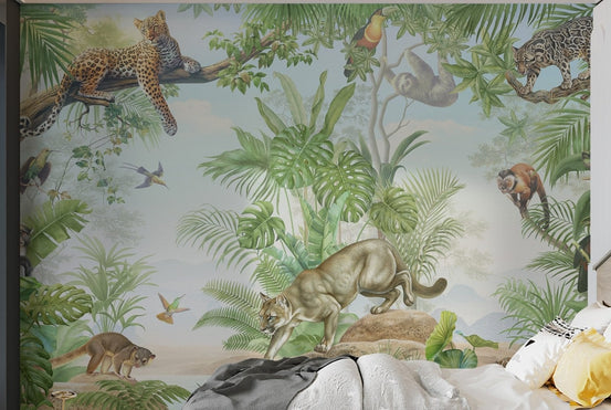 Leopard on branch in a green tropical jungle wall mural for kids bedroom.