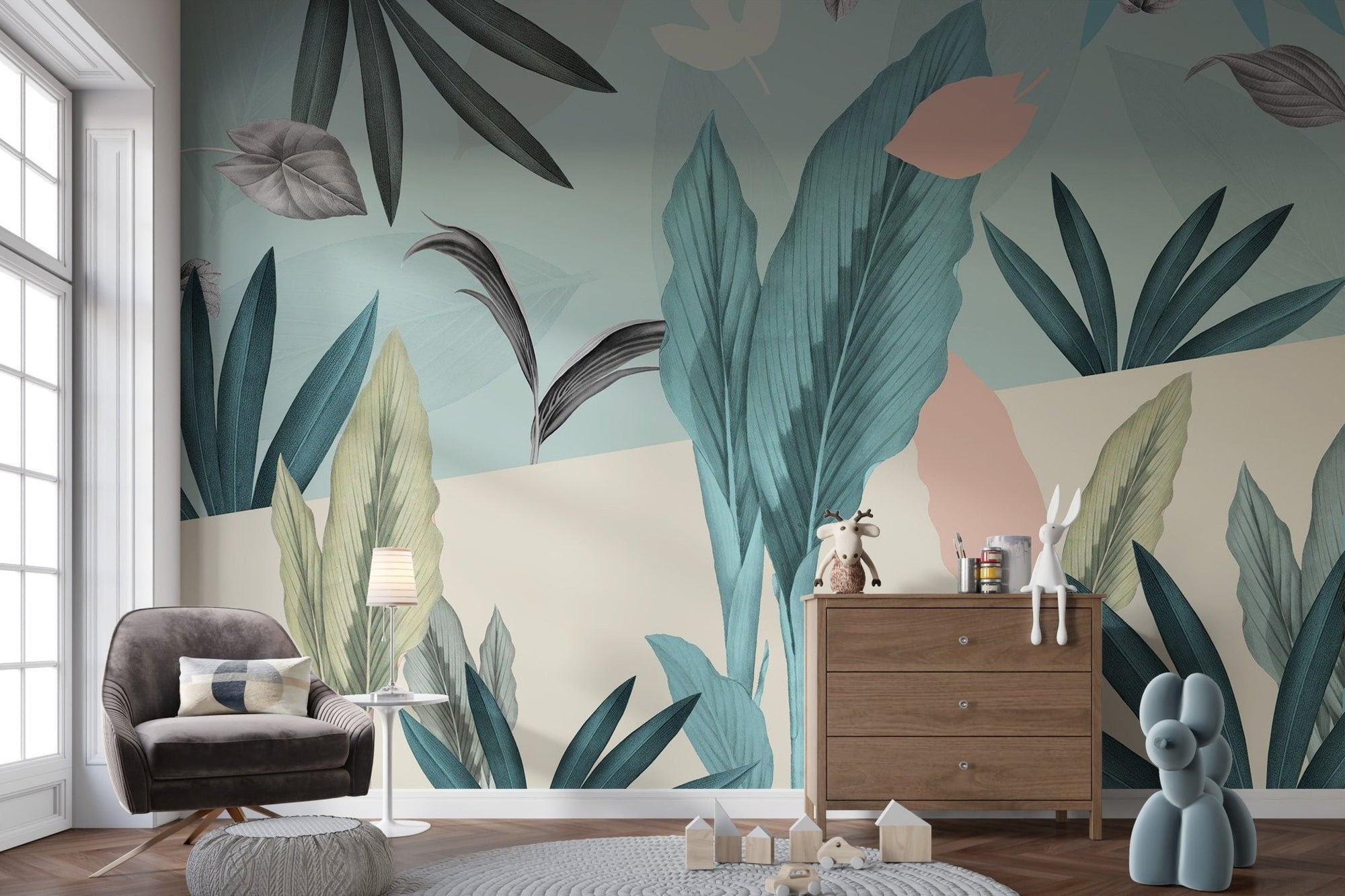 Green tropical leaves wallpaper with teal and sage foliage.