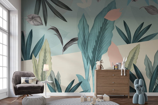 Green tropical leaves wallpaper with teal and sage foliage.