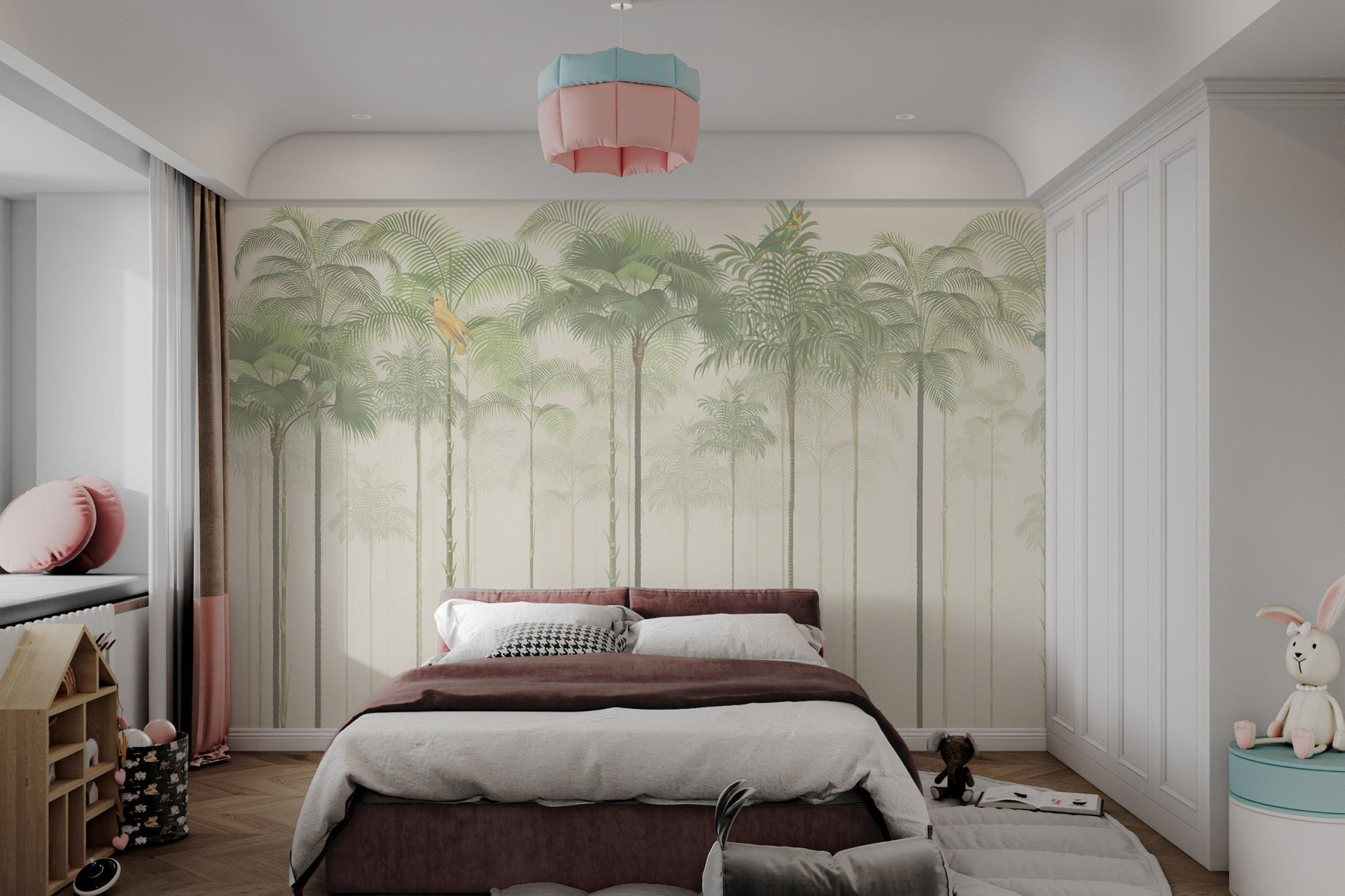 Green tropical palm tree wall mural with colorful parrots in a quiet bedroom.