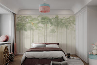 Green tropical palm tree wall mural with colorful parrots in a quiet bedroom.