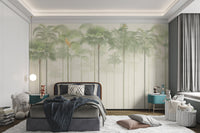 Soft green tropical palm tree wall mural aesthetic on a light cream background.