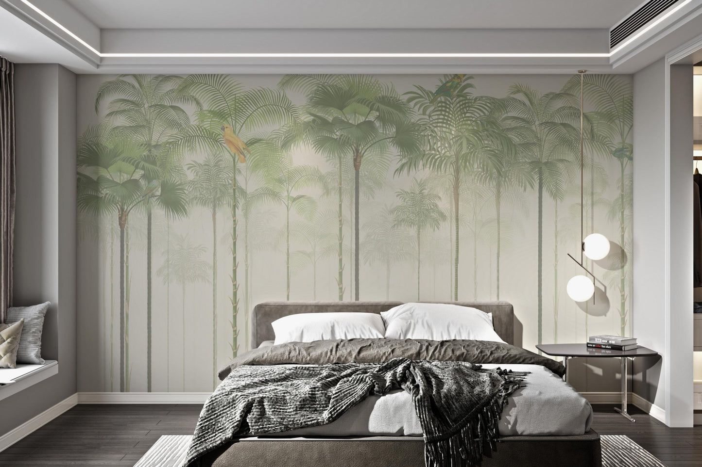 Green tropical palm tree wall mural with a hazy forest and parrots on branches.