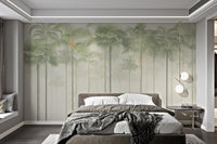 Green tropical palm tree wall mural with a hazy forest and parrots on branches.