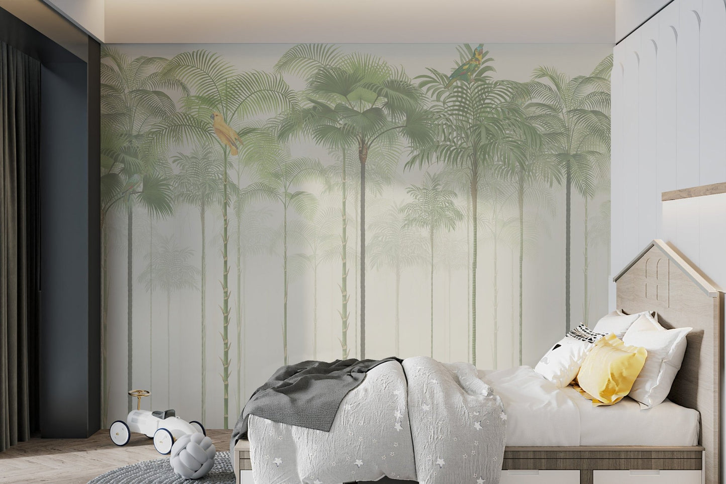 Lush tropical wall mural with exotic birds for a relaxing master bathroom.