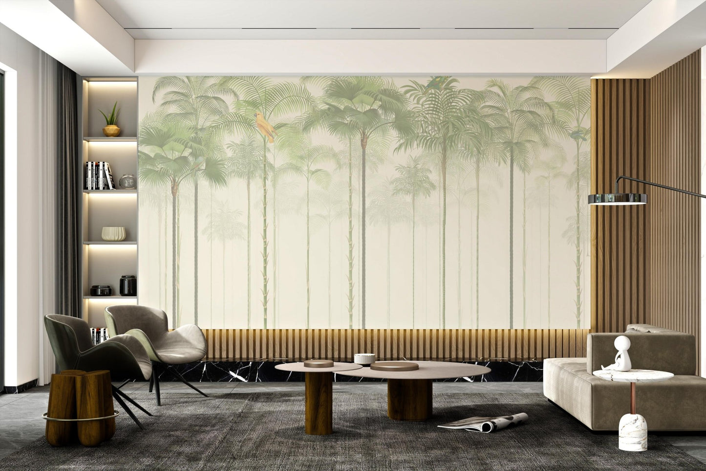 Tropical wall mural showcasing vertical jungle trees for a modern office space.