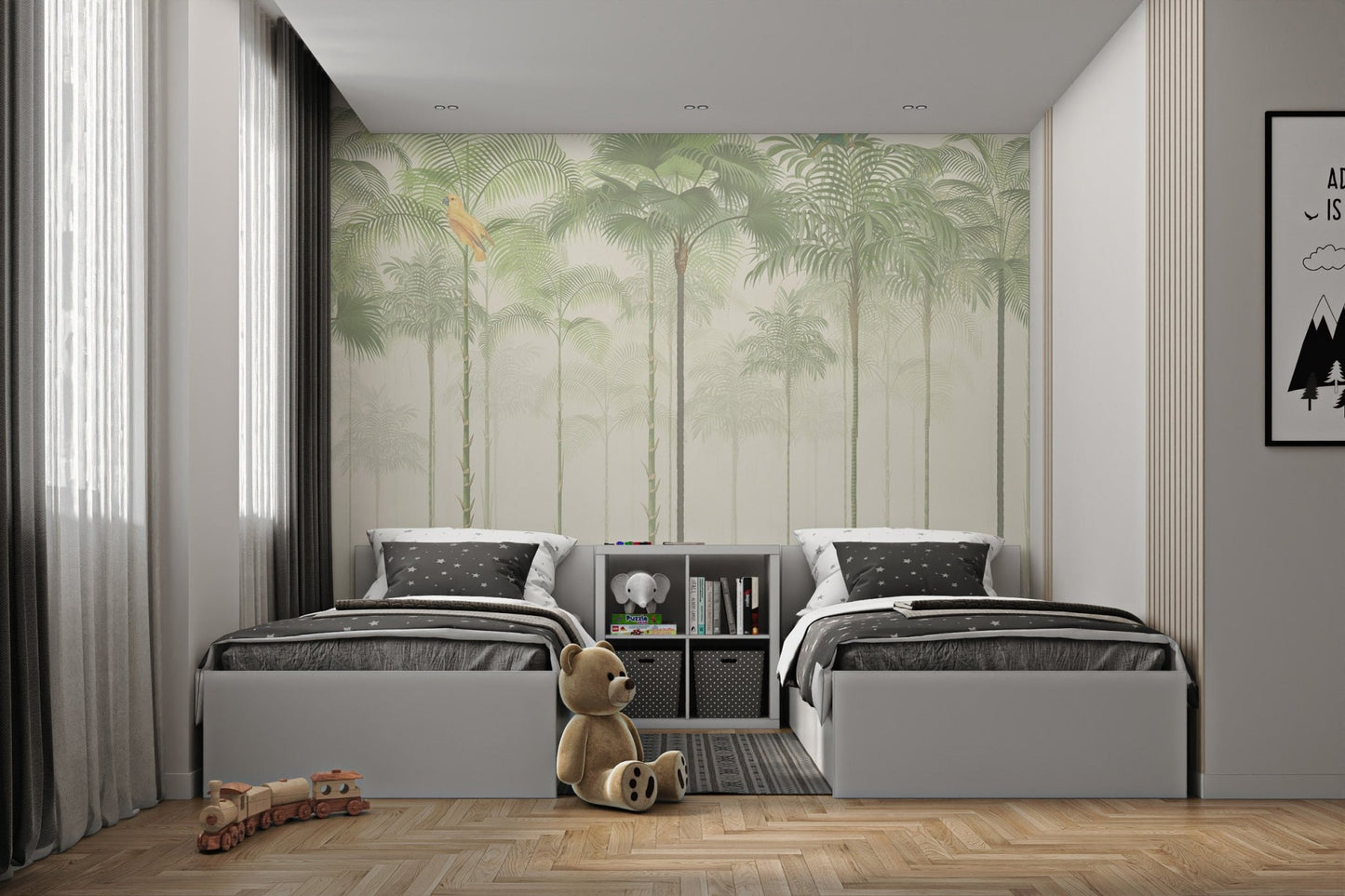 Tropical wall mural featuring tall slim palm trees for a bright twin bedroom.
