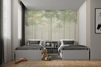 Tropical wall mural featuring tall slim palm trees for a bright twin bedroom.