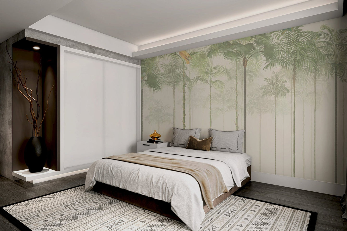 Misty green tropical palm tree wall mural design for a sunlit bedroom.
