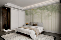 Misty green tropical palm tree wall mural design for a sunlit bedroom.