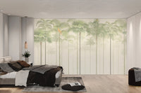 Vertical palm tree wall mural with muted forest tones and bright yellow birds.