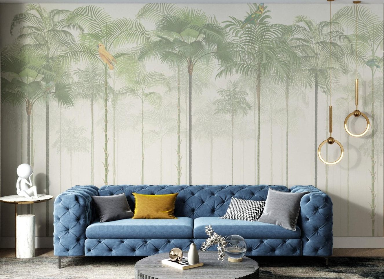 Detailed palm tree wall mural in a soft sage green for a minimalist living room.