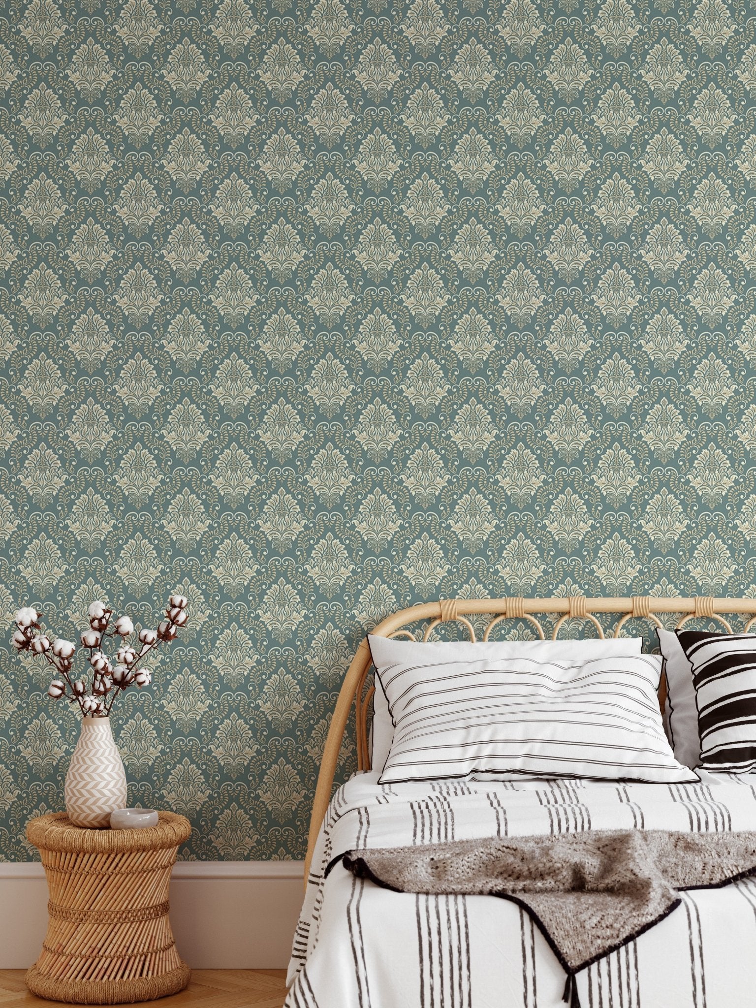 Green Vintage Baroque Damask Design Wallpaper in a child’s bedroom with a wooden bed.