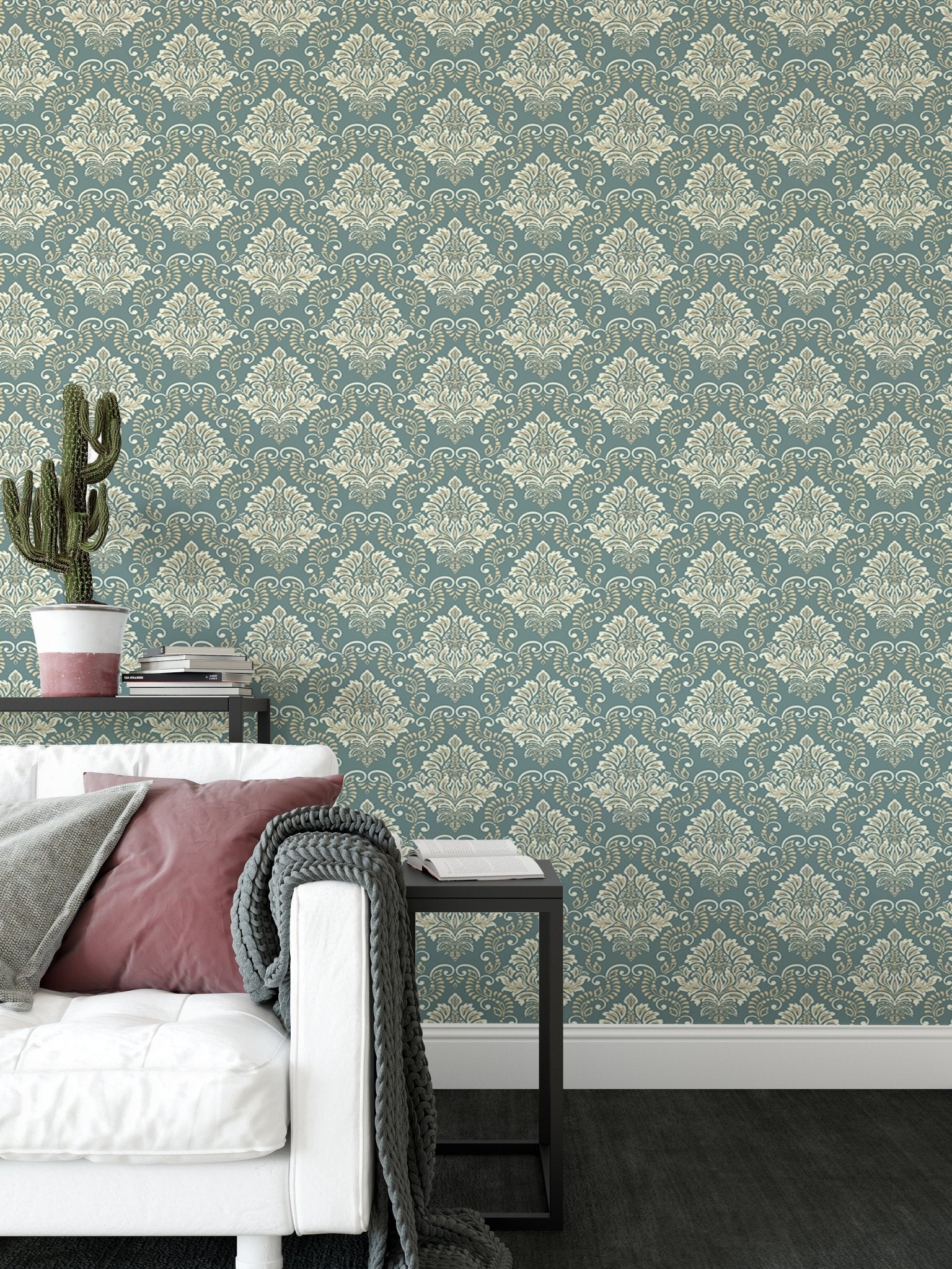 Green Vintage Baroque Damask Design Wallpaper in a living room with a white sofa.