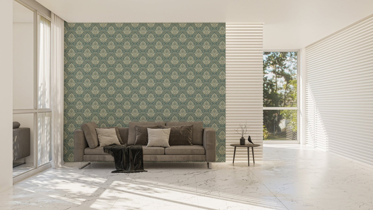 Large scale Green Vintage Baroque Damask Design Wallpaper on a living room feature wall.