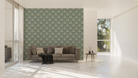 Large scale Green Vintage Baroque Damask Design Wallpaper on a living room feature wall.