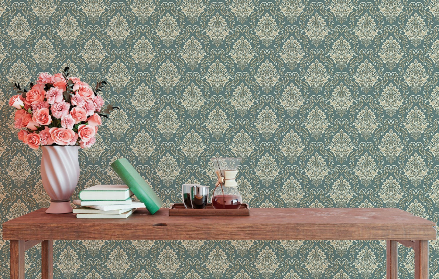 Floral baroque wallpaper behind a wooden table with a pink flower vase.