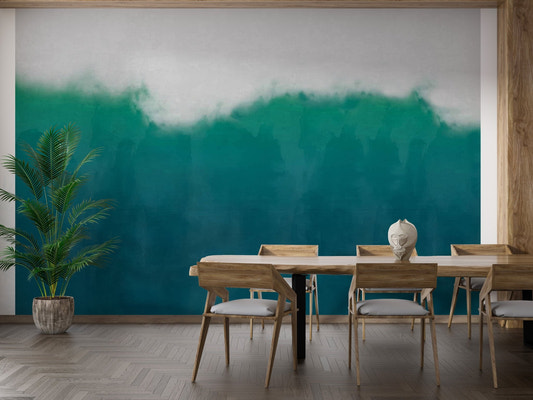 Gradient green wall mural with mist-like textures for modern dining room.