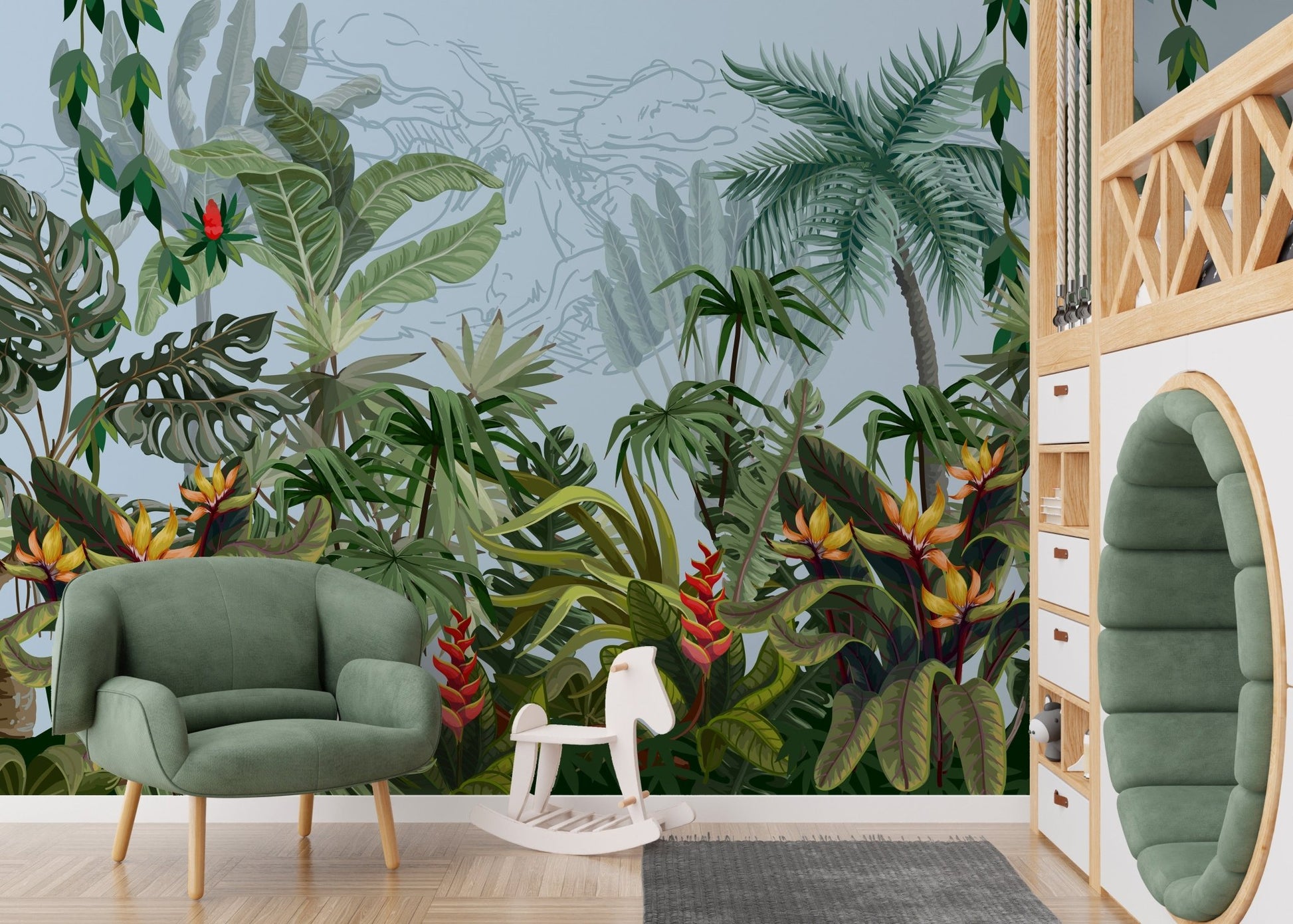 Nursery wall mural with large jungle plant illustrations and a green armchair.