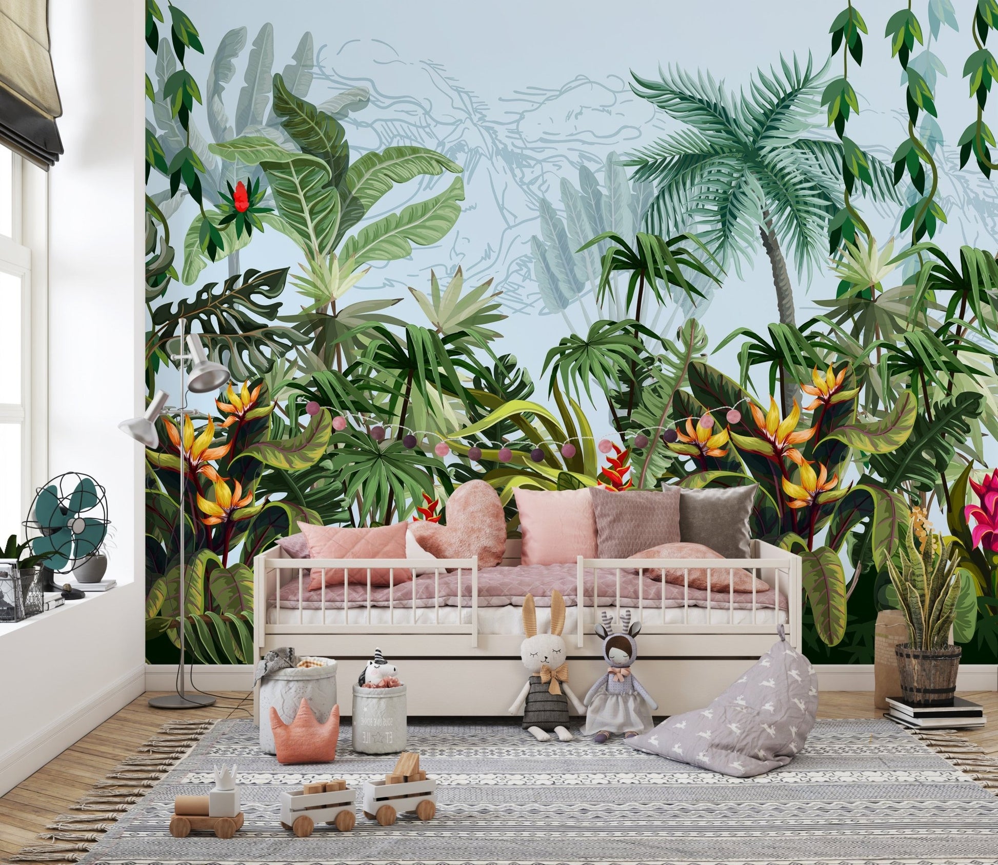 Botanical wall mural featuring orange flowers and green leaves in a child's bedroom.