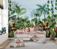 Botanical wall mural featuring orange flowers and green leaves in a child's bedroom.