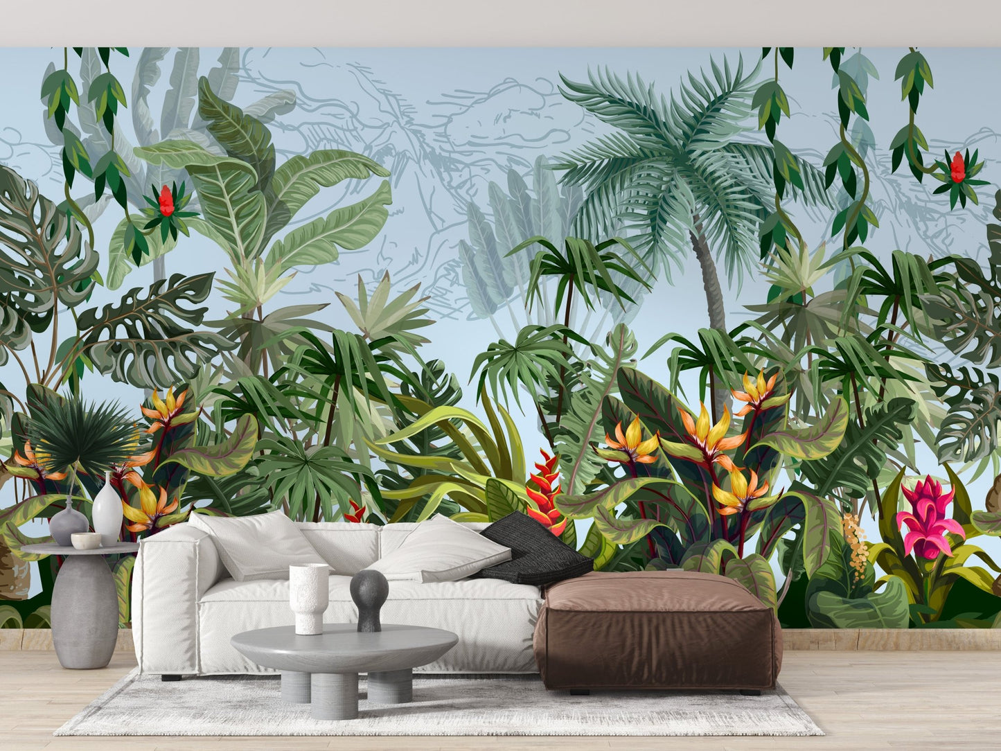 Tropical jungle wall mural with green foliage in a modern living room.