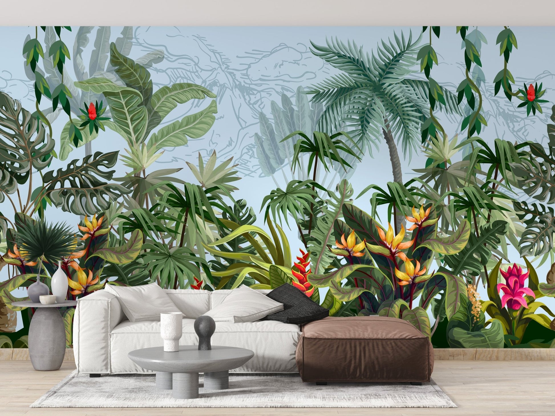 Tropical jungle wall mural with green foliage in a modern living room.