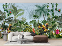 Tropical jungle wall mural with green foliage in a modern living room.