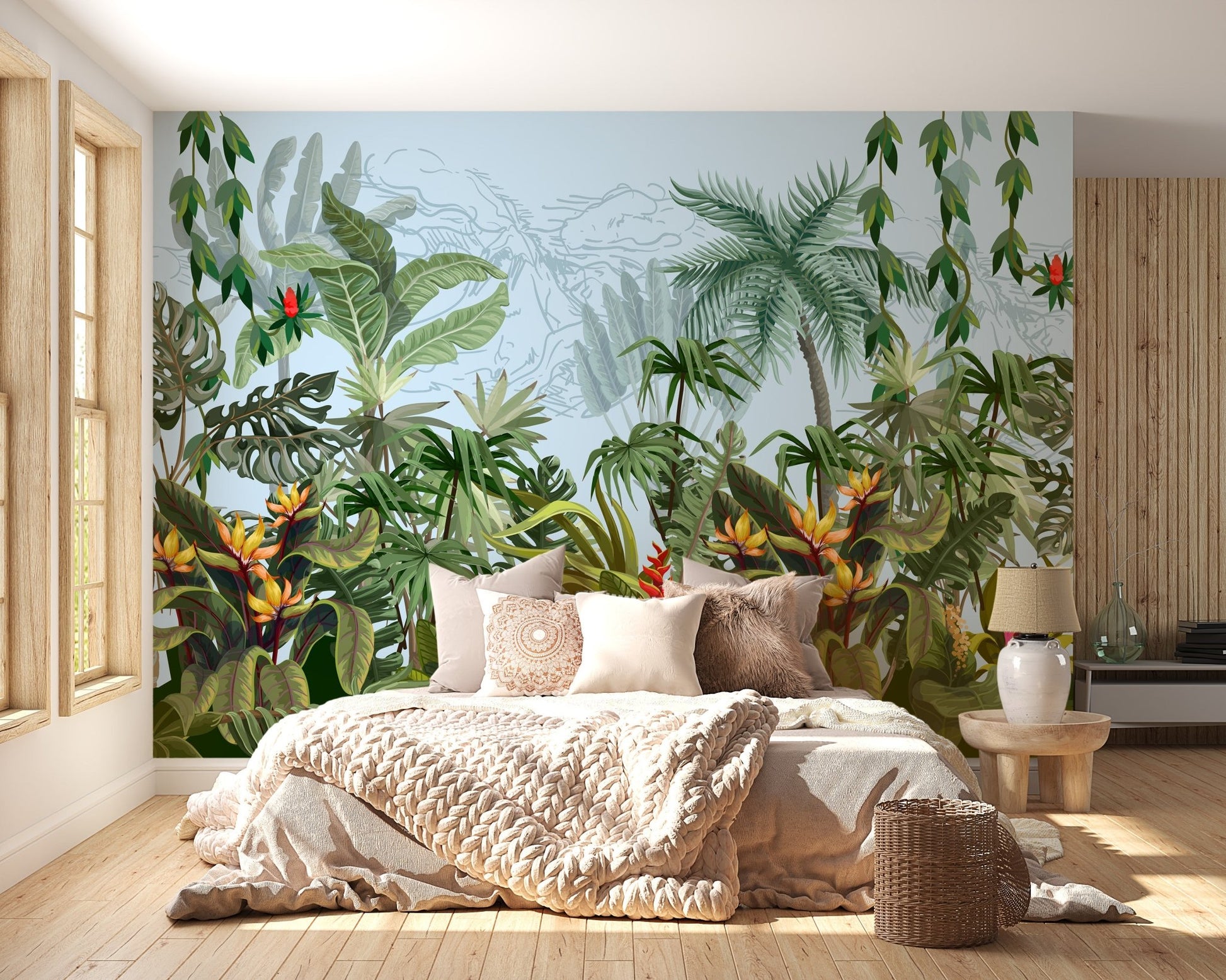 Bright tropical jungle wall mural with palm trees and vines in a minimalist bedroom setting.
